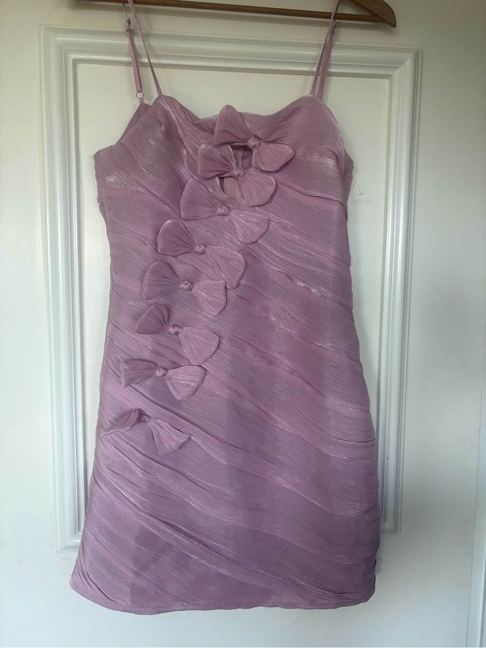 NWT Storia Mauve Ruched Bow-Accent Spaghetti Strap Dress
